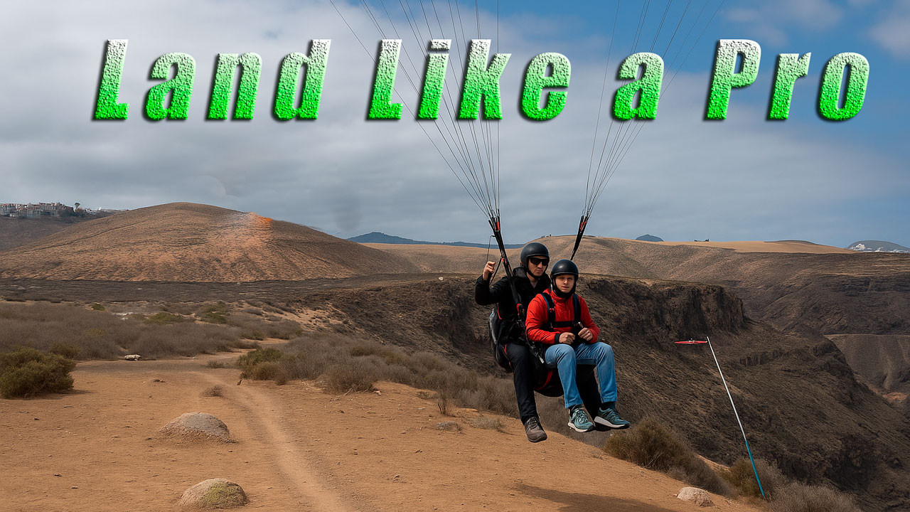Tandem paraglider approaching an uphill landing on a dry hillside in Gran Canaria, with both pilot and passenger wearing helmets under a clear blue sky.